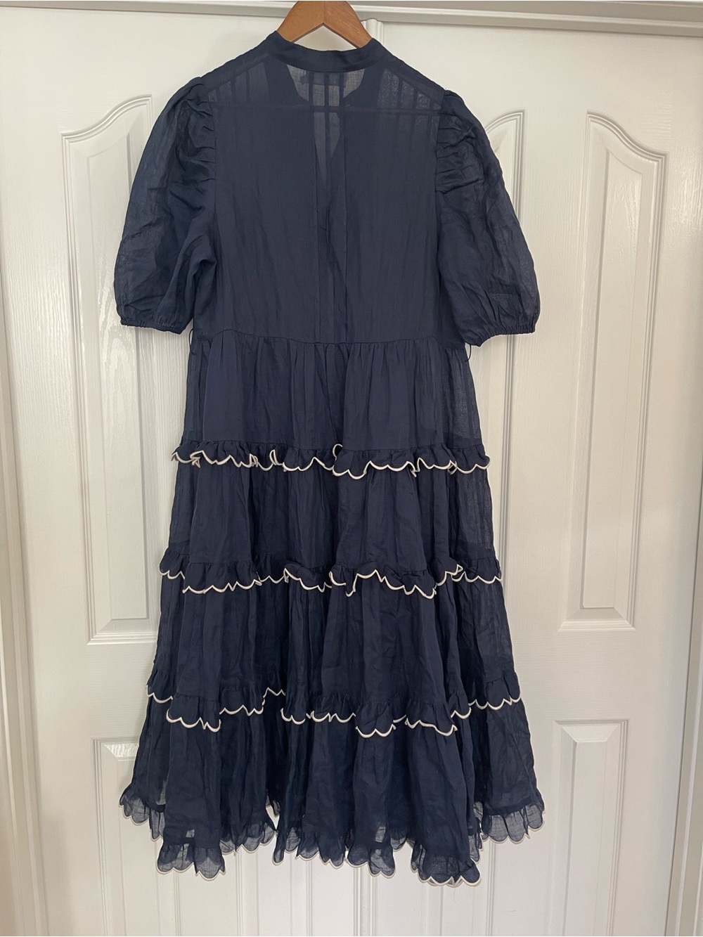 Zimmermann Navy Ruffle Tiered with white trim Midi Dress Contrast missing belt 4 - Picture 8 of 11